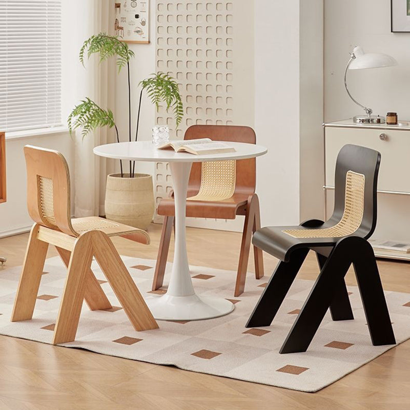 Traditional Vintage Arc V-Shape Solid Wood Rattan Weaving Dining Chair Backrest Armless For Dining Room