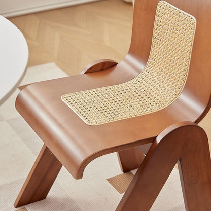 Traditional Vintage Arc V-Shape Solid Wood Rattan Weaving Dining Chair Backrest Armless For Dining Room