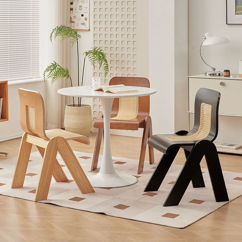 Traditional Vintage Arc V-Shape Solid Wood Rattan Weaving Dining Chair Backrest Armless For Dining Room