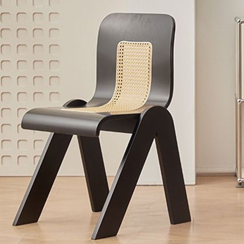 Traditional Vintage Arc V-Shape Solid Wood Rattan Weaving Dining Chair Backrest Armless For Dining Room