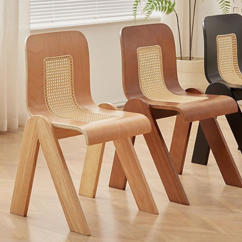 Traditional Vintage Arc V-Shape Solid Wood Rattan Weaving Dining Chair Backrest Armless For Dining Room