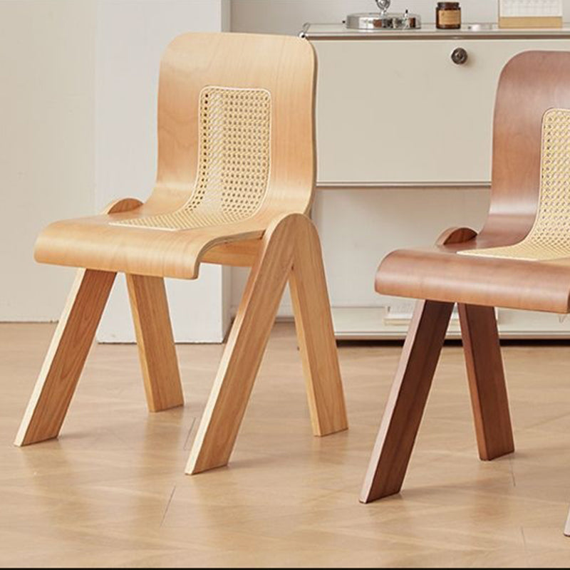Traditional Vintage Arc V-Shape Solid Wood Rattan Weaving Dining Chair Backrest Armless For Dining Room