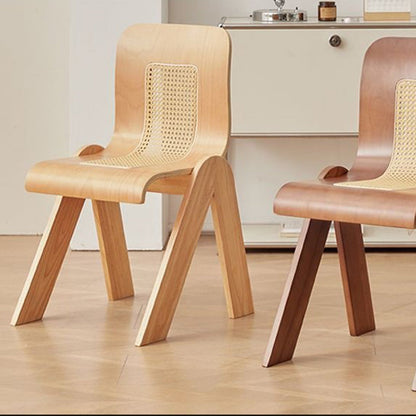 Traditional Vintage Arc V-Shape Solid Wood Rattan Weaving Dining Chair Backrest Armless For Dining Room