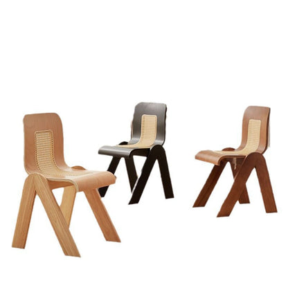 Traditional Vintage Arc V-Shape Solid Wood Rattan Weaving Dining Chair Backrest Armless For Dining Room