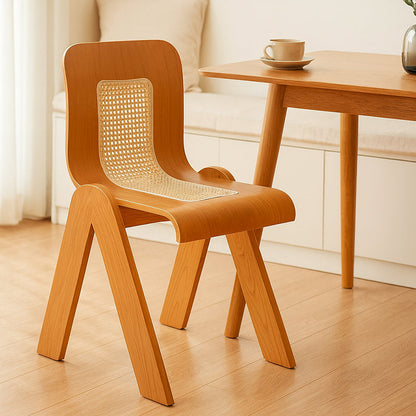 Traditional Vintage Arc V-Shape Solid Wood Rattan Weaving Dining Chair Backrest Armless For Dining Room