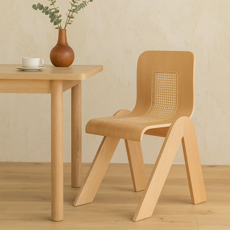 Traditional Vintage Arc V-Shape Solid Wood Rattan Weaving Dining Chair Backrest Armless For Dining Room