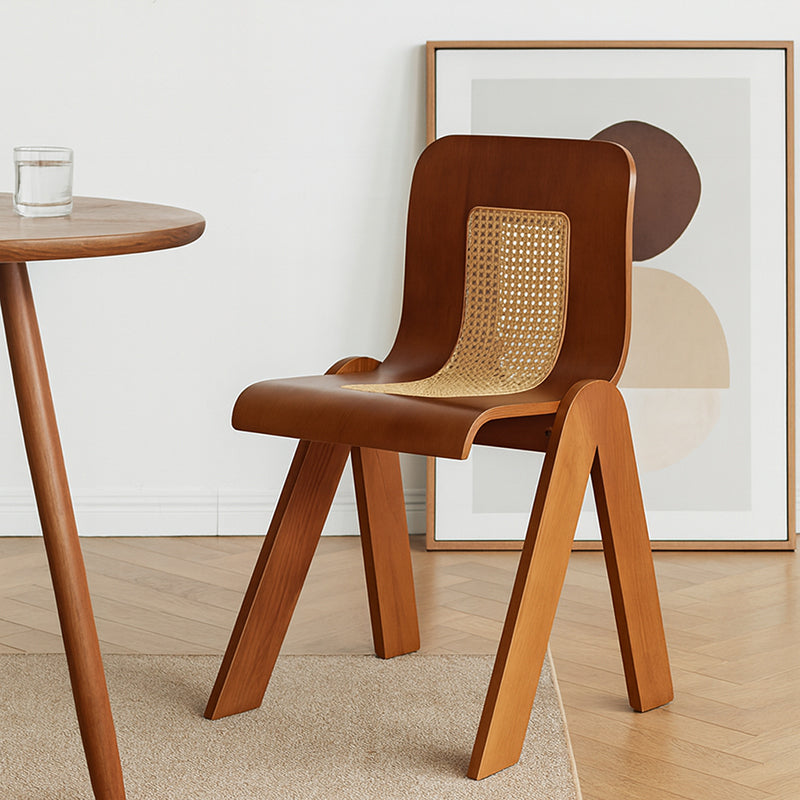 Traditional Vintage Arc V-Shape Solid Wood Rattan Weaving Dining Chair Backrest Armless For Dining Room