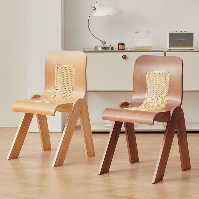 Traditional Vintage Arc V-Shape Solid Wood Rattan Weaving Dining Chair Backrest Armless For Dining Room