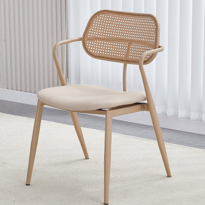 Contemporary Nordic Oval Iron Faux Leather Sponge Plastic Rattan Weaving Dining Chair Backrest Armrest For Dining Room