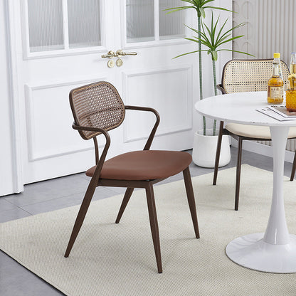 Contemporary Nordic Oval Iron Faux Leather Sponge Plastic Rattan Weaving Dining Chair Backrest Armrest For Dining Room