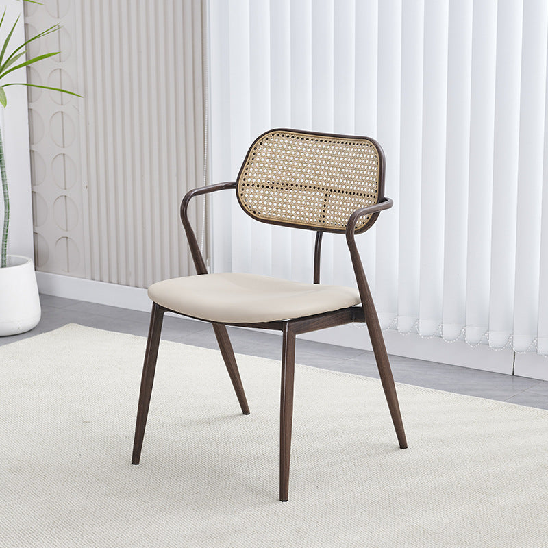 Contemporary Nordic Oval Iron Faux Leather Sponge Plastic Rattan Weaving Dining Chair Backrest Armrest For Dining Room