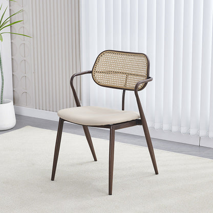 Contemporary Nordic Oval Iron Faux Leather Sponge Plastic Rattan Weaving Dining Chair Backrest Armrest For Dining Room