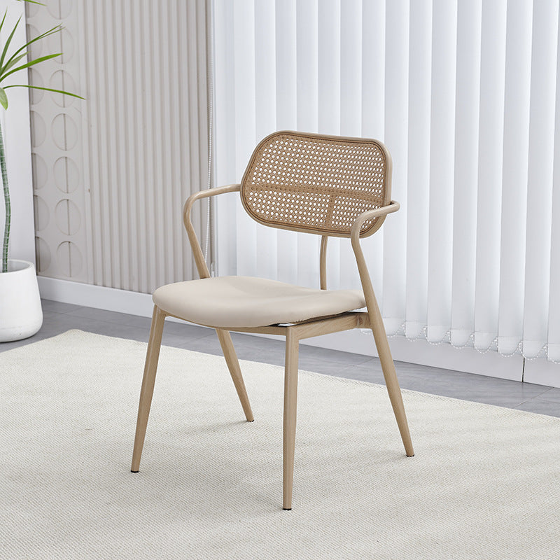 Contemporary Nordic Oval Iron Faux Leather Sponge Plastic Rattan Weaving Dining Chair Backrest Armrest For Dining Room
