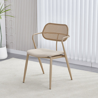 Contemporary Nordic Oval Iron Faux Leather Sponge Plastic Rattan Weaving Dining Chair Backrest Armrest For Dining Room