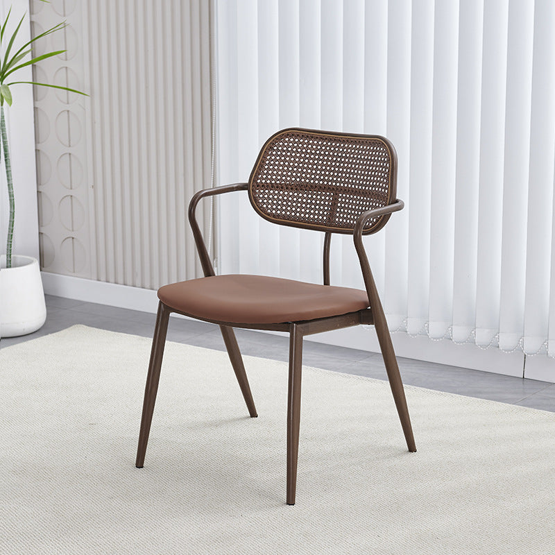 Contemporary Nordic Oval Iron Faux Leather Sponge Plastic Rattan Weaving Dining Chair Backrest Armrest For Dining Room