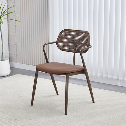 Contemporary Nordic Oval Iron Faux Leather Sponge Plastic Rattan Weaving Dining Chair Backrest Armrest For Dining Room