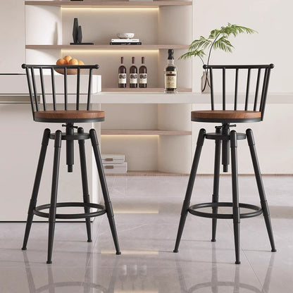 Contemporary Industrial Wood Iron Fabric PU Leather Round Backrest Armless Liftable Bar Stool For Dining Room & Kitchen