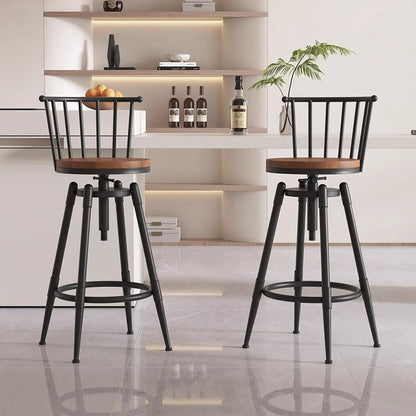 Contemporary Industrial Wood Iron Fabric PU Leather Round Backrest Armless Liftable Bar Stool For Dining Room & Kitchen