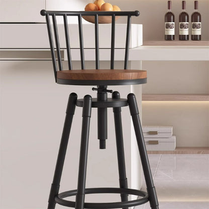 Contemporary Industrial Wood Iron Fabric PU Leather Round Backrest Armless Liftable Bar Stool For Dining Room & Kitchen