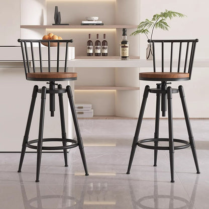 Contemporary Industrial Wood Iron Fabric PU Leather Round Backrest Armless Liftable Bar Stool For Dining Room & Kitchen