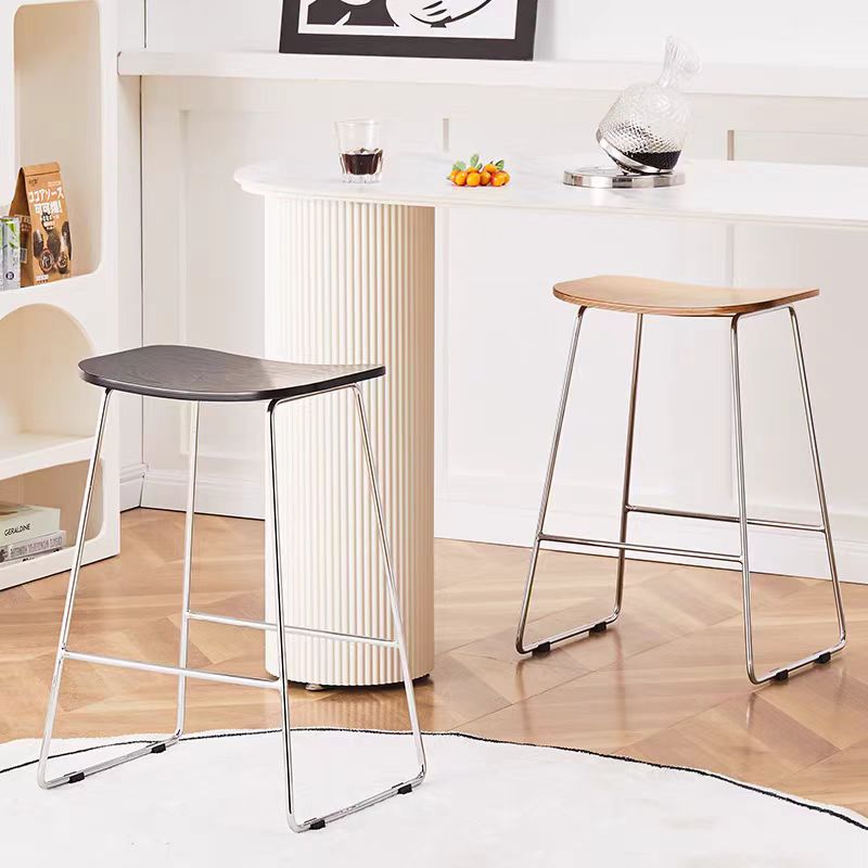 Contemporary Scandinavian Wood Iron Rectangular Bar Stool Armless For Dining Room & Kitchen