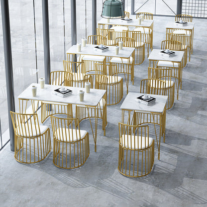 Contemporary Scandinavian Openwork Square Curved Leather Metal Dining Chair Backrest Arm For Dining Room