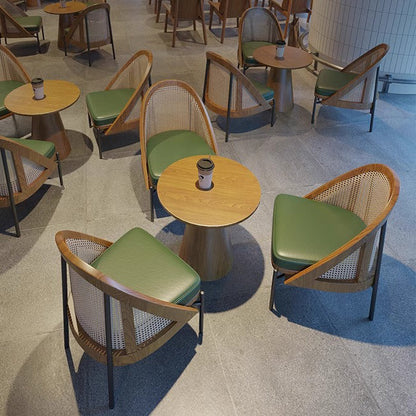 Traditional Chinese Square Trapezoidal Napa Leather Solid Wood Rattan Wood Dining Chair Backrest For Dining Room