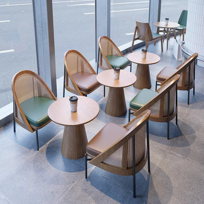 Traditional Chinese Square Trapezoidal Napa Leather Solid Wood Rattan Wood Dining Chair Backrest For Dining Room