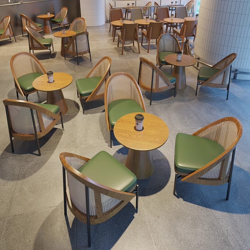 Traditional Chinese Square Trapezoidal Napa Leather Solid Wood Rattan Wood Dining Chair Backrest For Dining Room