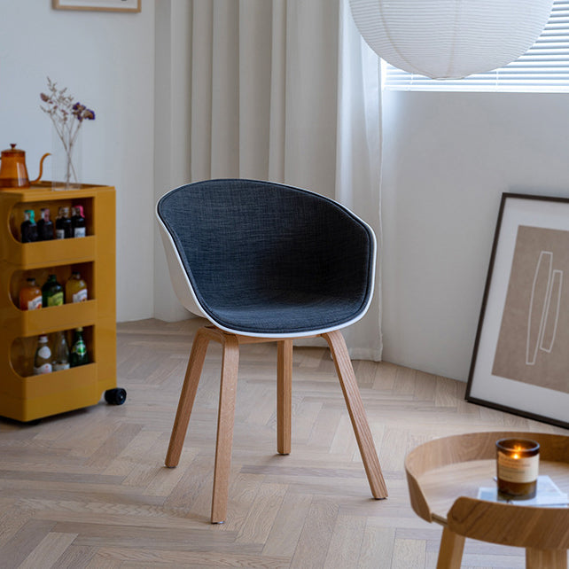 Contemporary Scandinavian Curved Half Wrap Round Cotton Linen Wood Dining Chair Backrest Armrest For Dining Room