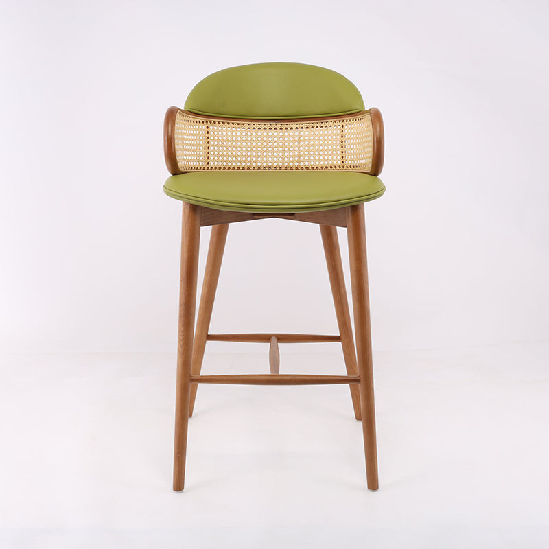 Contemporary Scandinavian Curved Half Round Curved Faux Leather Ash Wood Rattan Bar Stool Backrest For Dining Room