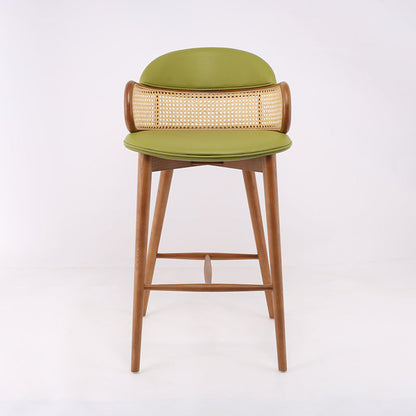 Contemporary Scandinavian Curved Half Round Curved Faux Leather Ash Wood Rattan Bar Stool Backrest For Dining Room