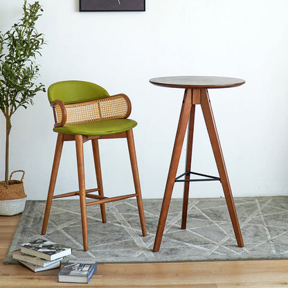 Contemporary Scandinavian Curved Half Round Curved Faux Leather Ash Wood Rattan Bar Stool Backrest For Dining Room