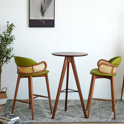 Contemporary Scandinavian Curved Half Round Curved Faux Leather Ash Wood Rattan Bar Stool Backrest For Dining Room