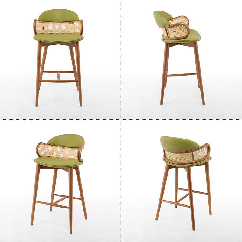 Contemporary Scandinavian Curved Half Round Curved Faux Leather Ash Wood Rattan Bar Stool Backrest For Dining Room