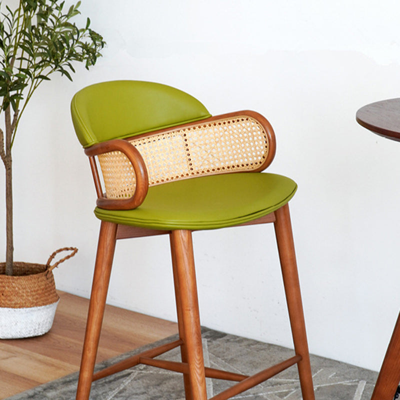 Contemporary Scandinavian Curved Half Round Curved Faux Leather Ash Wood Rattan Bar Stool Backrest For Dining Room