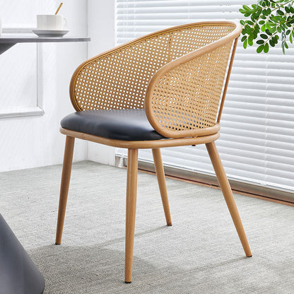Modern Minimalist Half Bag U Shape Curved Faux Leather Bamboo Rattan Wood Dining Chair Backrest Armrest For Dining Room