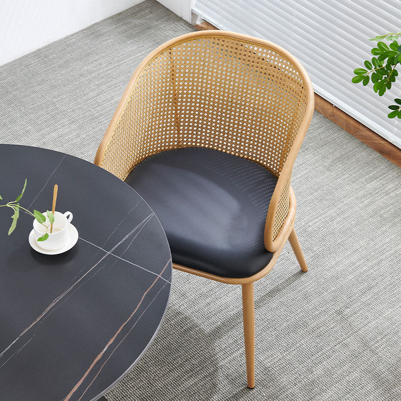 Modern Minimalist Half Bag U Shape Curved Faux Leather Bamboo Rattan Wood Dining Chair Backrest Armrest For Dining Room