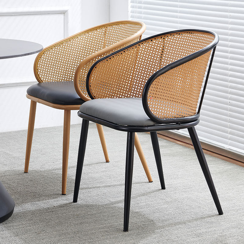 Modern Minimalist Half Bag U Shape Curved Faux Leather Bamboo Rattan Wood Dining Chair Backrest Armrest For Dining Room