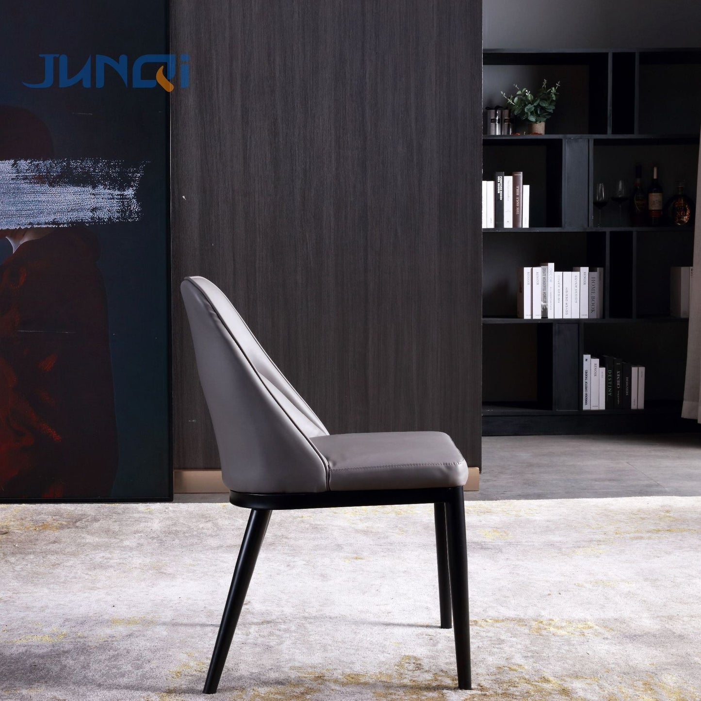 Contemporary Scandinavian Trapezoidal Square Curved Leather Metal Dining Chair Backrest Armless For Dining Room