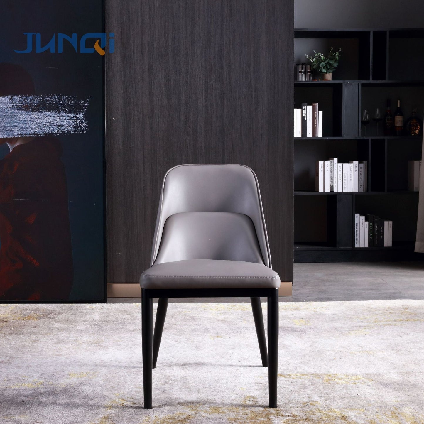 Contemporary Scandinavian Trapezoidal Square Curved Leather Metal Dining Chair Backrest Armless For Dining Room