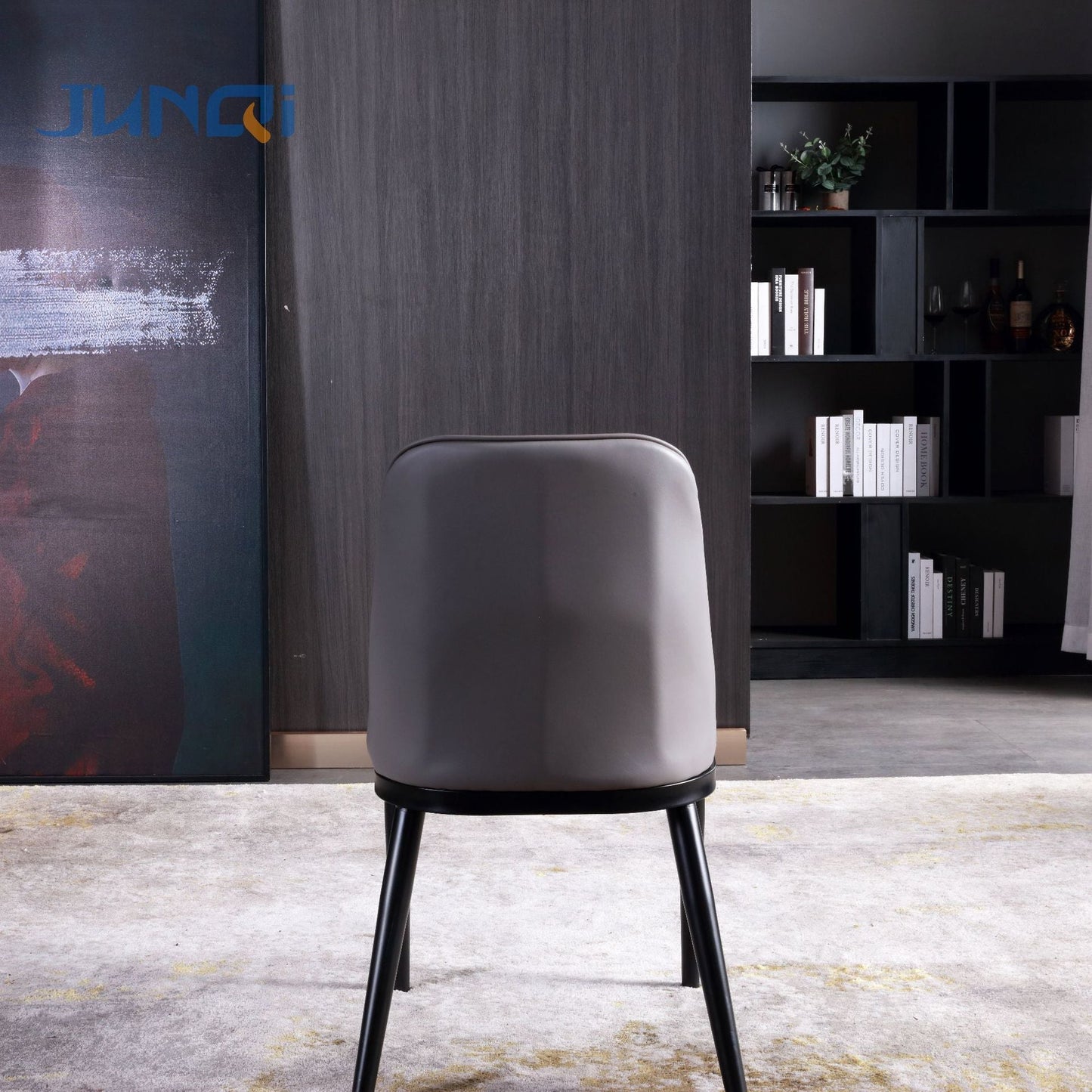 Contemporary Scandinavian Trapezoidal Square Curved Leather Metal Dining Chair Backrest Armless For Dining Room