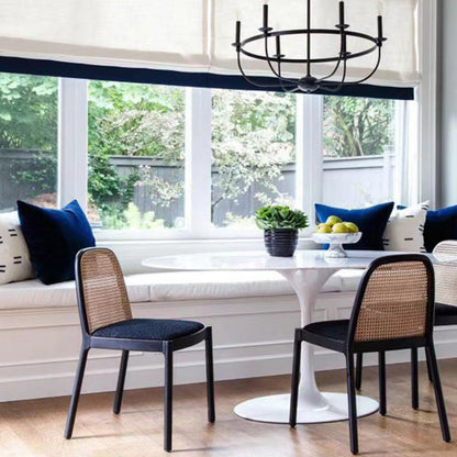 Traditional Chinese Square Round Sleek Hollow Linen Lambswool Leather Rattan Solid Wood Dining Chair Backrest Armless For Dining Room