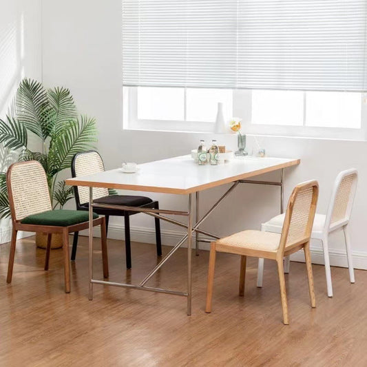 Traditional Chinese Square Round Sleek Hollow Linen Lambswool Leather Rattan Solid Wood Dining Chair Backrest Armless For Dining Room