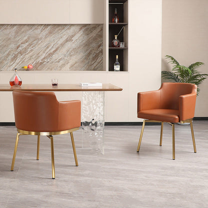 Modern Minimalist Square Half Round Rotatable Faux Leather Metal Dining Chair Backrest Armrest For Dining Room