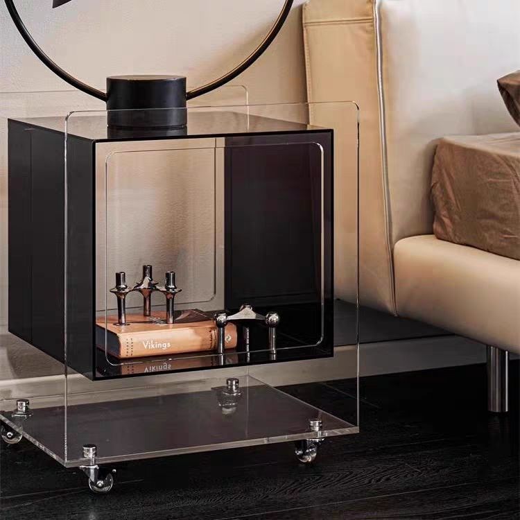 Modern Minimalist Acrylic Cube Side Table With Wheels For Bedroom & Living Room