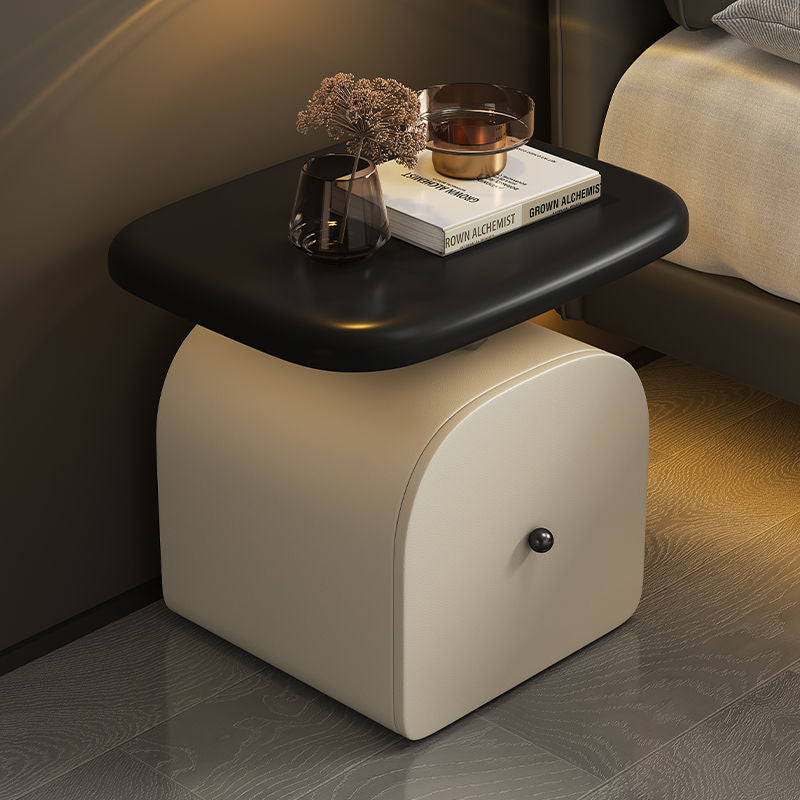 Contemporary Nordic Faux Leather & Wood Curved Nightstand With 1-Drawer For Bedroom