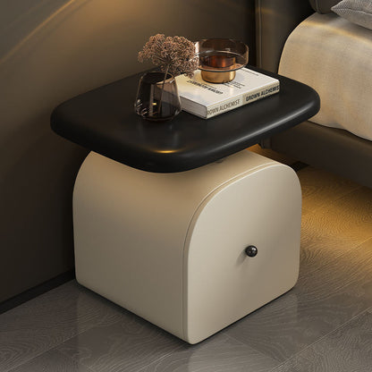 Contemporary Nordic Faux Leather & Wood Curved Nightstand With 1-Drawer For Bedroom
