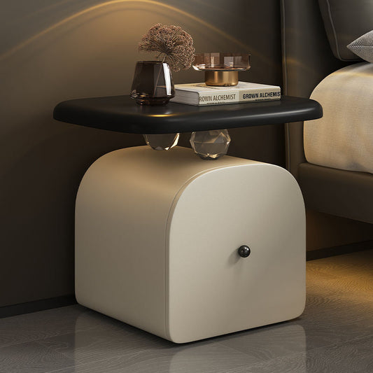 Contemporary Nordic Faux Leather & Wood Curved Nightstand With 1-Drawer For Bedroom
