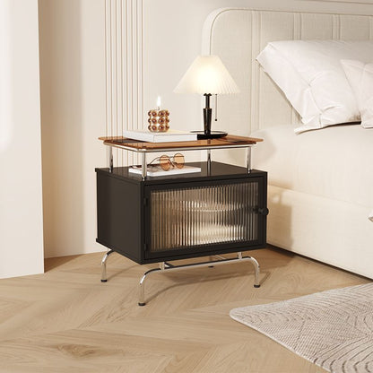 Traditional French Iron Glass & Stainless Steel Rectangular Nightstand 1-Cabinet For Bedroom
